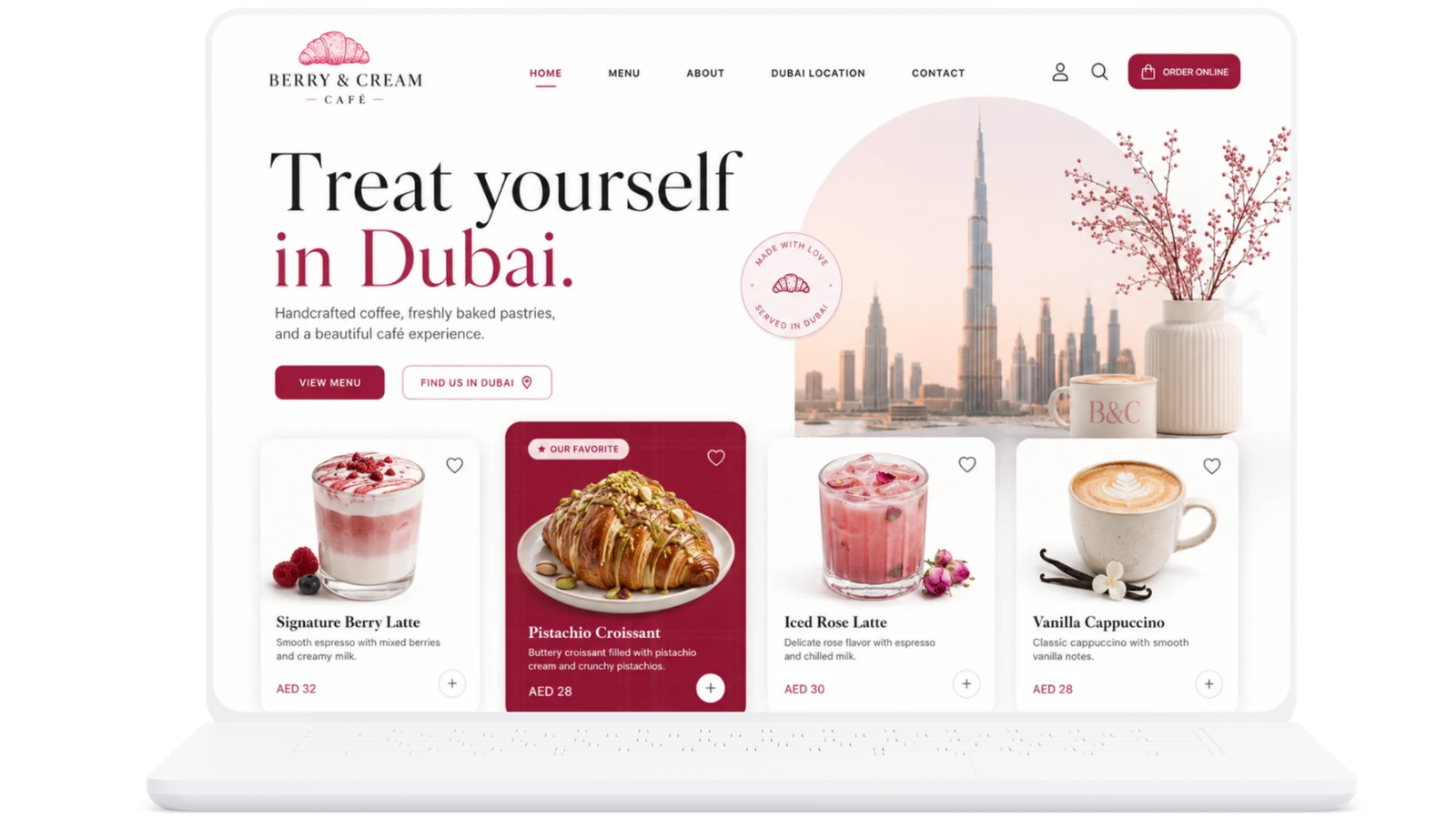 Berry and Cream landing page on a laptop