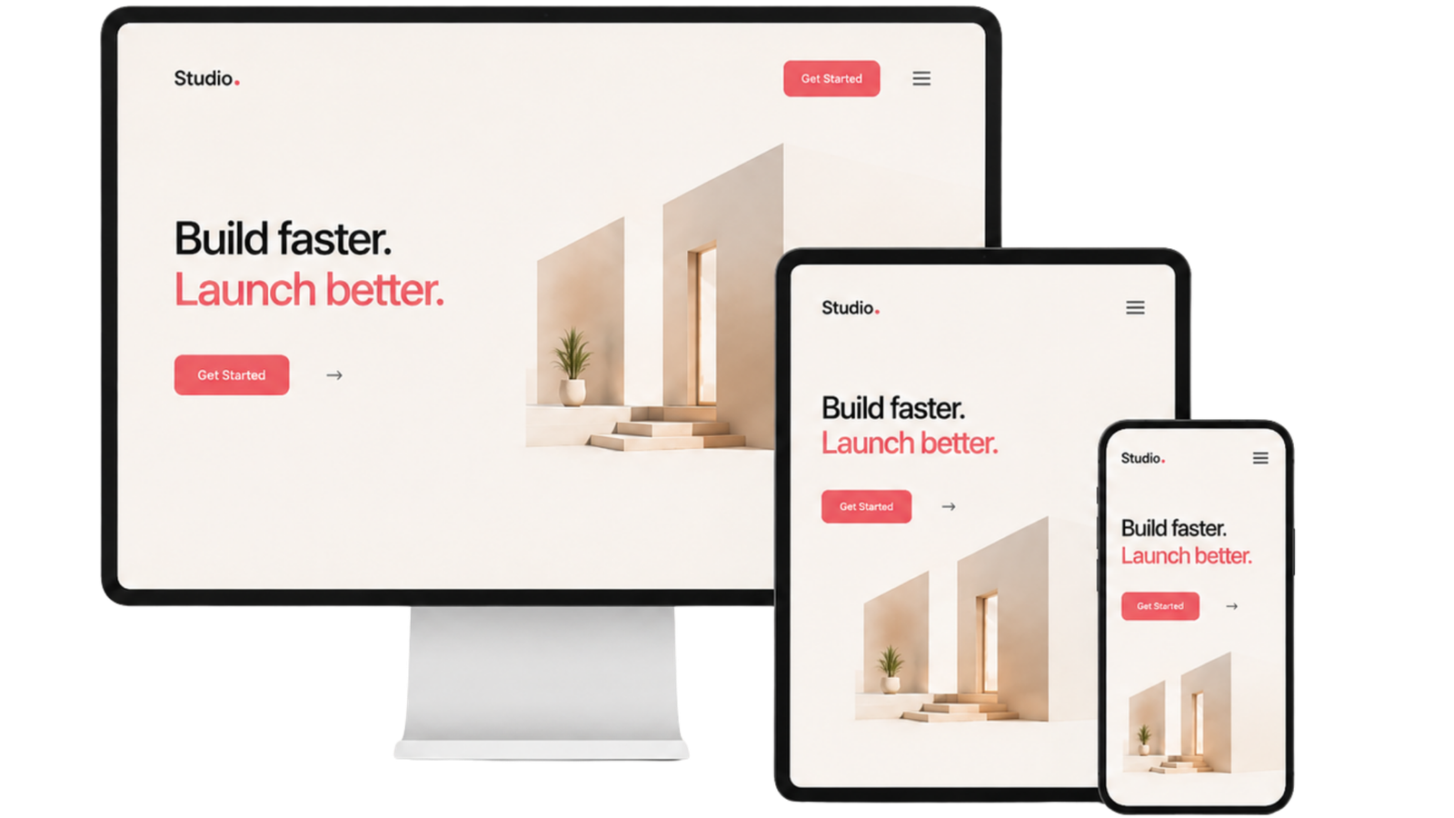 Responsive website design shown across desktop, tablet and mobile